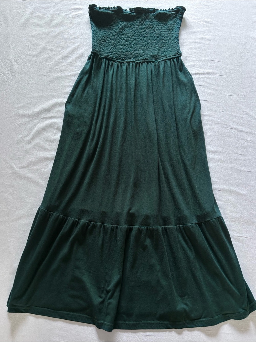 Dark Green Strapless Smocked Maxi Dress Size S Tiered Boho Pockets